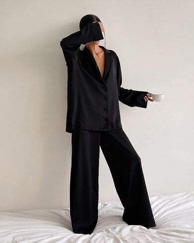 Womens Satin Pajamas Set Oversized Button Down Shirt and Wide Leg Pants Set Long Sleeve Sleepwear in Saudi Arabia