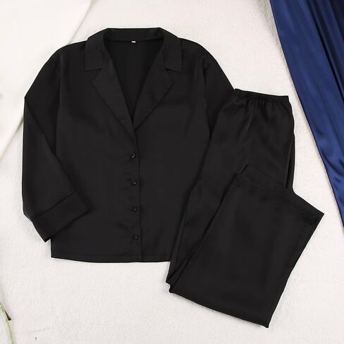 Womens Satin Pajamas Set Oversized Button Down Shirt and Wide Leg Pants Set Long Sleeve Sleepwear in Saudi Arabia