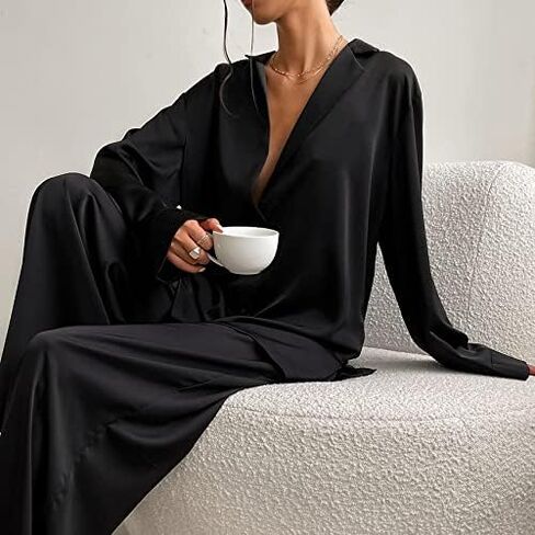 Womens Satin Pajamas Set Oversized Button Down Shirt and Wide Leg Pants Set Long Sleeve Sleepwear in Saudi Arabia
