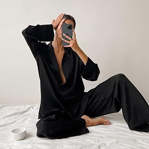Womens Satin Pajamas Set Oversized Button Down Shirt and Wide Leg Pants Set Long Sleeve Sleepwear in Saudi Arabia