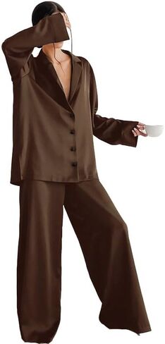 Womens Satin Pajamas Set Oversized Button Down Shirt and Wide Leg Pants Set Long Sleeve Sleepwear in Saudi Arabia