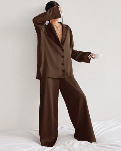 Womens Satin Pajamas Set Oversized Button Down Shirt and Wide Leg Pants Set Long Sleeve Sleepwear in Saudi Arabia