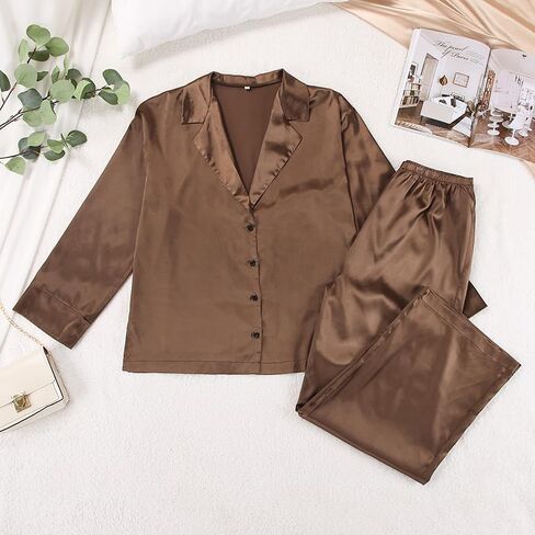 Womens Satin Pajamas Set Oversized Button Down Shirt and Wide Leg Pants Set Long Sleeve Sleepwear in Saudi Arabia