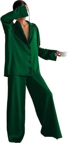 Womens Satin Pajamas Set Oversized Button Down Shirt and Wide Leg Pants Set Long Sleeve Sleepwear in Saudi Arabia