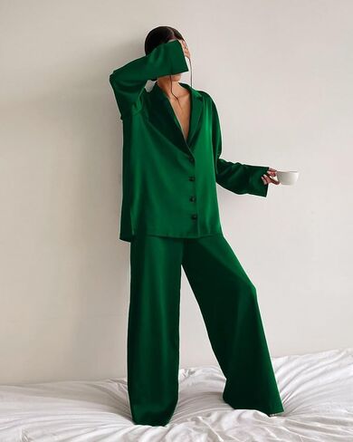 Womens Satin Pajamas Set Oversized Button Down Shirt and Wide Leg Pants Set Long Sleeve Sleepwear in Saudi Arabia