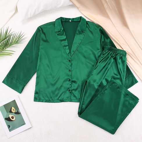 Womens Satin Pajamas Set Oversized Button Down Shirt and Wide Leg Pants Set Long Sleeve Sleepwear in Saudi Arabia