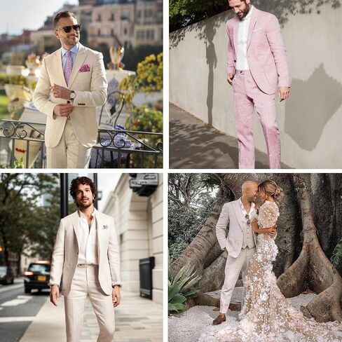 Linen Men Suit Set Casual Tuxedo 2 Piece Regular Fit Blazer One Button Solid Jacket and Pants for Prom Wedding Party in Kuwait