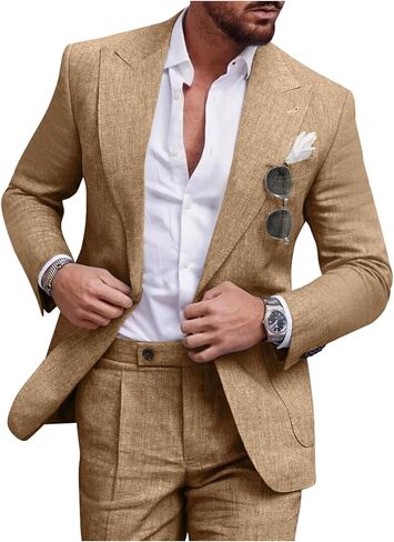 Linen Men Suit Set Casual Tuxedo 2 Piece Regular Fit Blazer One Button Solid Jacket and Pants for Prom Wedding Party in Kuwait