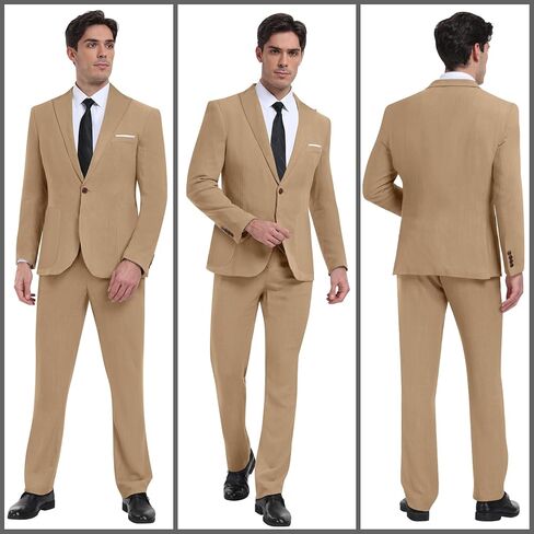 Linen Men Suit Set Casual Tuxedo 2 Piece Regular Fit Blazer One Button Solid Jacket and Pants for Prom Wedding Party in Kuwait