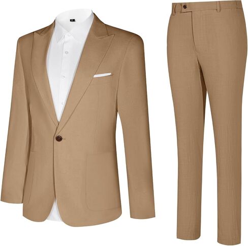 Linen Men Suit Set Casual Tuxedo 2 Piece Regular Fit Blazer One Button Solid Jacket and Pants for Prom Wedding Party in Kuwait