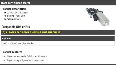 Front Left Driver Side Window Motor - Compatible with 1997-2003 Chevy Malibu in Saudi Arabia
