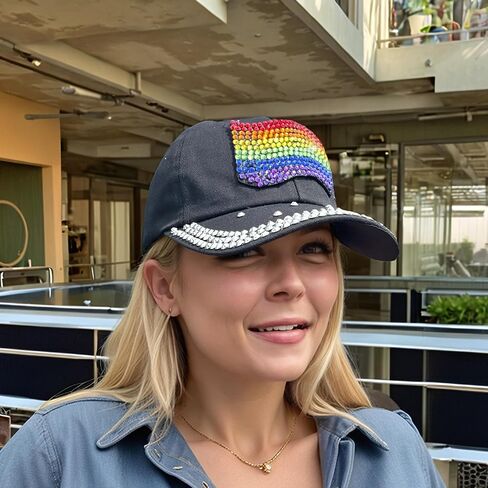 Popfizzy Rhinestone Baseball Cap for Women and Girls, Fun Bedazzled Hats, Shiny Bling Denim and Diamond Hat, Sparkly Gifts in Kuwait