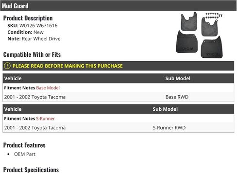 Mud Guard - 4 Piece - Black - Compatible with 2001-2002 Toyota Tacoma RWD in Saudi Arabia