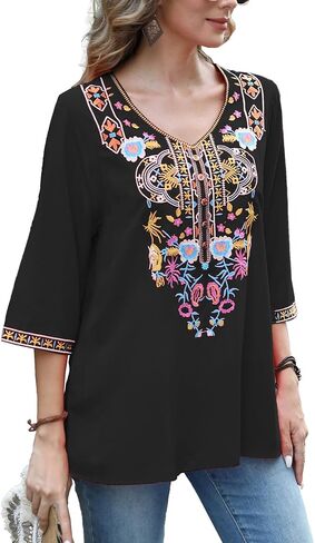 Grosy 3/4 Sleeve Embroidered Bohemian Tops for Women Boho Hippie Clothes Mexican Peasant Blouses Western Shirts Tunic in Saudi Arabia