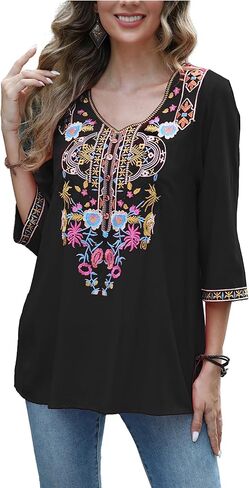 Grosy 3/4 Sleeve Embroidered Bohemian Tops for Women Boho Hippie Clothes Mexican Peasant Blouses Western Shirts Tunic in Saudi Arabia