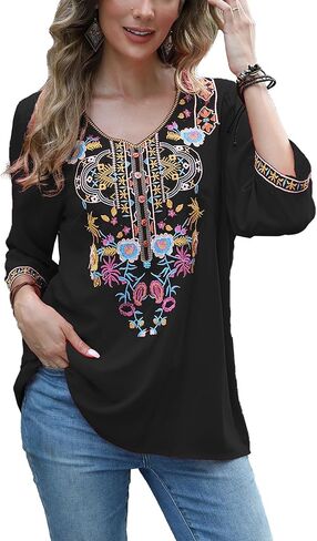 Grosy 3/4 Sleeve Embroidered Bohemian Tops for Women Boho Hippie Clothes Mexican Peasant Blouses Western Shirts Tunic in Saudi Arabia