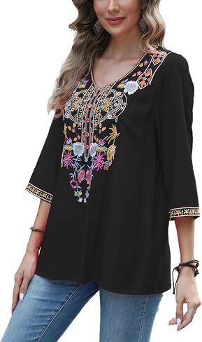 Grosy 3/4 Sleeve Embroidered Bohemian Tops for Women Boho Hippie Clothes Mexican Peasant Blouses Western Shirts Tunic in Saudi Arabia