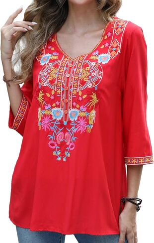 Grosy 3/4 Sleeve Embroidered Bohemian Tops for Women Boho Hippie Clothes Mexican Peasant Blouses Western Shirts Tunic in Saudi Arabia