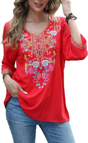 Grosy 3/4 Sleeve Embroidered Bohemian Tops for Women Boho Hippie Clothes Mexican Peasant Blouses Western Shirts Tunic in Saudi Arabia