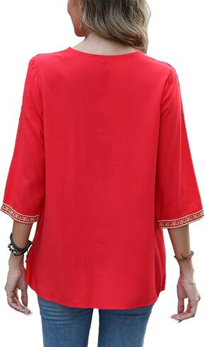 Grosy 3/4 Sleeve Embroidered Bohemian Tops for Women Boho Hippie Clothes Mexican Peasant Blouses Western Shirts Tunic in Saudi Arabia