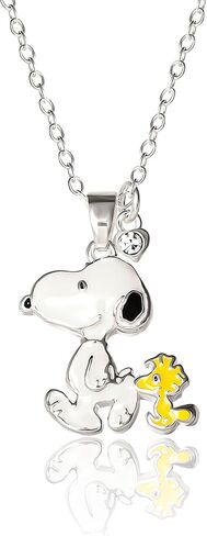 PEANUTS Womens Snoopy and Woodstock Red Crystal Heart Necklace 18" - Silver Plated Snoopy Necklace - Official License in Kuwait
