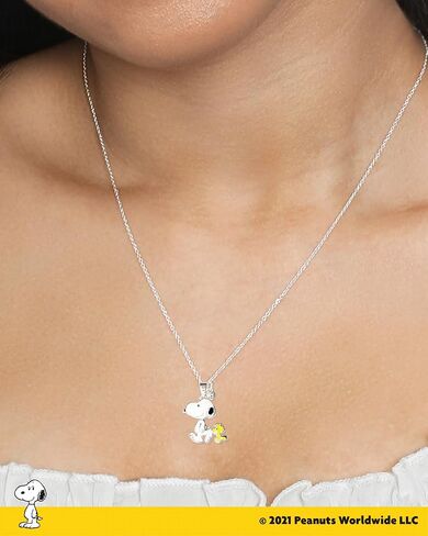 PEANUTS Womens Snoopy and Woodstock Red Crystal Heart Necklace 18" - Silver Plated Snoopy Necklace - Official License in Kuwait