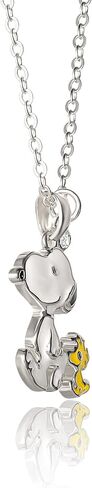 PEANUTS Womens Snoopy and Woodstock Red Crystal Heart Necklace 18" - Silver Plated Snoopy Necklace - Official License in Kuwait