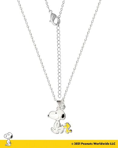PEANUTS Womens Snoopy and Woodstock Red Crystal Heart Necklace 18" - Silver Plated Snoopy Necklace - Official License in Kuwait