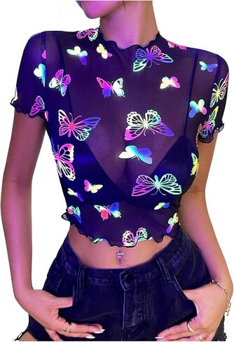 SHENHE Women's Sheer Mesh Reflective Rave Top Y2k Butterfly Round Neck Short Sleeve Crop Top in Saudi Arabia