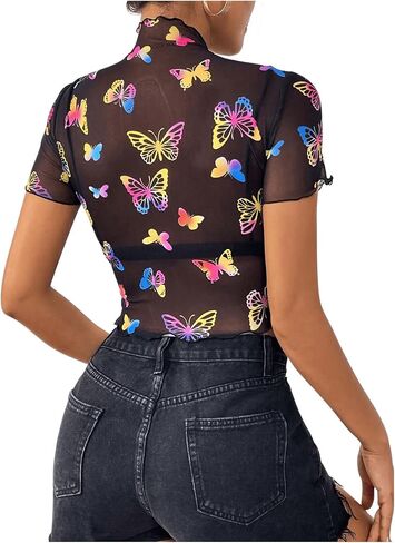 SHENHE Women's Sheer Mesh Reflective Rave Top Y2k Butterfly Round Neck Short Sleeve Crop Top in Saudi Arabia