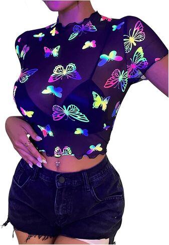 SHENHE Women's Sheer Mesh Reflective Rave Top Y2k Butterfly Round Neck Short Sleeve Crop Top in Saudi Arabia