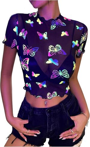 SHENHE Women's Sheer Mesh Reflective Rave Top Y2k Butterfly Round Neck Short Sleeve Crop Top in Saudi Arabia