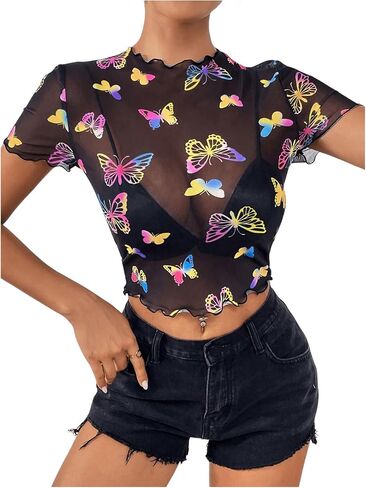 SHENHE Women's Sheer Mesh Reflective Rave Top Y2k Butterfly Round Neck Short Sleeve Crop Top in Saudi Arabia
