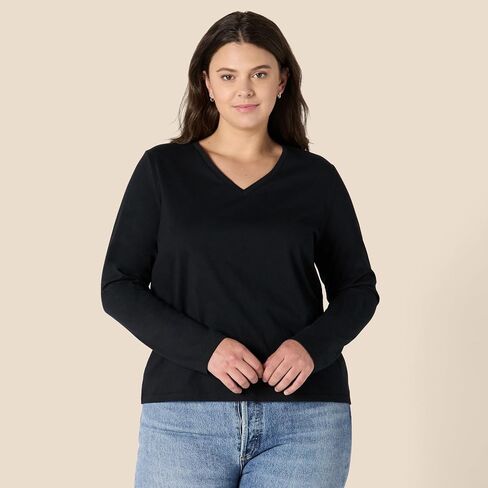 Amazon Essentials Women's 100% Cotton Regular-Fit Long-Sleeve V-Neck T-Shirt in Saudi Arabia