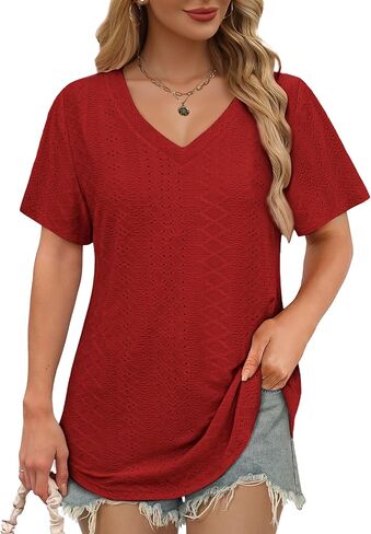 Womens V-Neck T-Shirts 2025- Soft Loose Fit Casual Tees with Curved Hem for Everyday Wear in Saudi Arabia