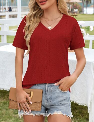 Womens V-Neck T-Shirts 2025- Soft Loose Fit Casual Tees with Curved Hem for Everyday Wear in Saudi Arabia