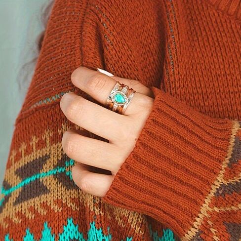 LADAYPOA الخاتم الفيروز الغربي للنساء. Retro 925 Silver Vintage Jewelry. بيان Blue Oval Stone Rings Rings Boho مستوحى من الأزياء لكلاسيكي in Kuwait