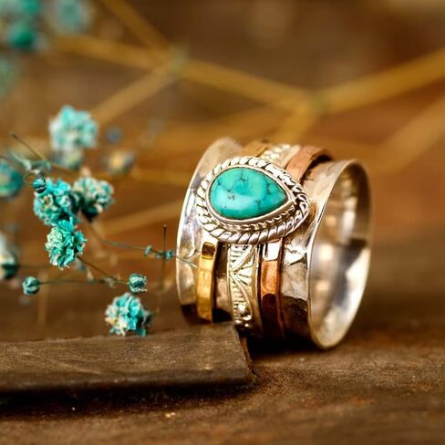 LADAYPOA الخاتم الفيروز الغربي للنساء. Retro 925 Silver Vintage Jewelry. بيان Blue Oval Stone Rings Rings Boho مستوحى من الأزياء لكلاسيكي in Kuwait