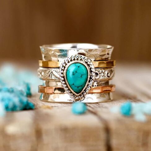 LADAYPOA الخاتم الفيروز الغربي للنساء. Retro 925 Silver Vintage Jewelry. بيان Blue Oval Stone Rings Rings Boho مستوحى من الأزياء لكلاسيكي in Kuwait