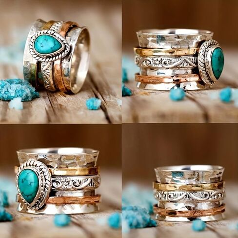 LADAYPOA الخاتم الفيروز الغربي للنساء. Retro 925 Silver Vintage Jewelry. بيان Blue Oval Stone Rings Rings Boho مستوحى من الأزياء لكلاسيكي in Kuwait