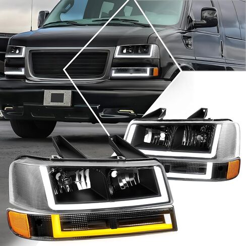 PM PERFORMOTOR [4pcs U-Tube LED DRL Headlights+Bumper Lamps Compatible with 03-24 Chevy Express/GMC Savana,Black Housing/Amber Corner in Saudi Arabia