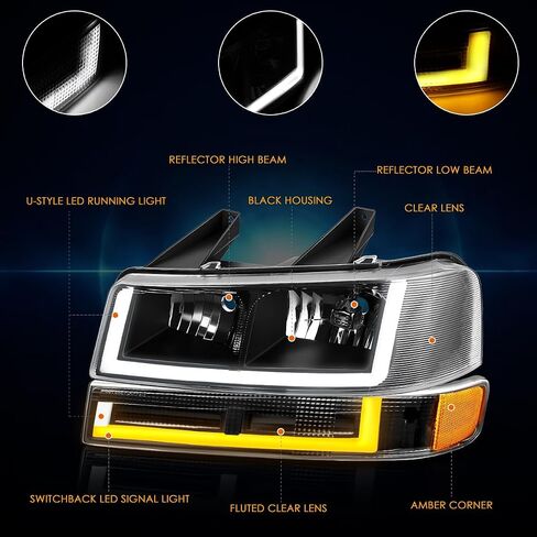 PM PERFORMOTOR [4pcs U-Tube LED DRL Headlights+Bumper Lamps Compatible with 03-24 Chevy Express/GMC Savana,Black Housing/Amber Corner in Saudi Arabia