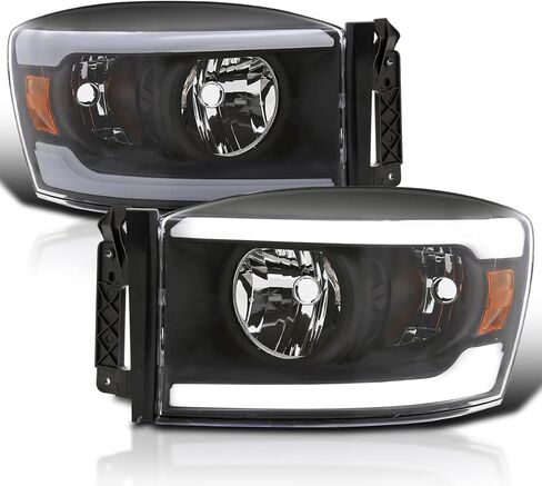 مواصفات ضبط المصابيح الأمامية السوداء مع شريط LED متوافق مع 2006-2008 Dodge RAM 1500/2500/3500 ، 2007-2009 Dodge RAM 2500/3500 ، Left + Pair Headips Assembly in Saudi Arabia