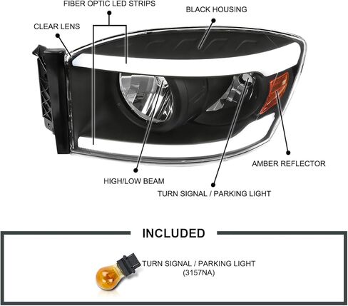 مواصفات ضبط المصابيح الأمامية السوداء مع شريط LED متوافق مع 2006-2008 Dodge RAM 1500/2500/3500 ، 2007-2009 Dodge RAM 2500/3500 ، Left + Pair Headips Assembly in Saudi Arabia