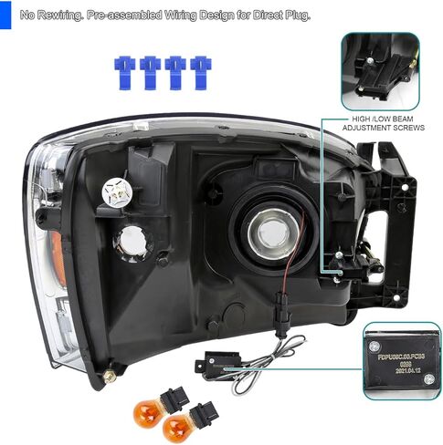 مواصفات ضبط المصابيح الأمامية السوداء مع شريط LED متوافق مع 2006-2008 Dodge RAM 1500/2500/3500 ، 2007-2009 Dodge RAM 2500/3500 ، Left + Pair Headips Assembly in Saudi Arabia