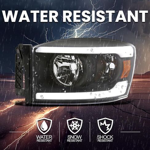مواصفات ضبط المصابيح الأمامية السوداء مع شريط LED متوافق مع 2006-2008 Dodge RAM 1500/2500/3500 ، 2007-2009 Dodge RAM 2500/3500 ، Left + Pair Headips Assembly in Saudi Arabia