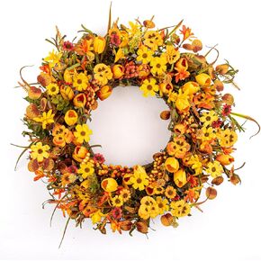 22 Inches Fall Wreaths for Front Door Rustic Autumn Wreath Farmhouse Fall Floral Wreaths with Tulips Orange Wildflowers for Wall Window Porch Indoor Outside in Kuwait