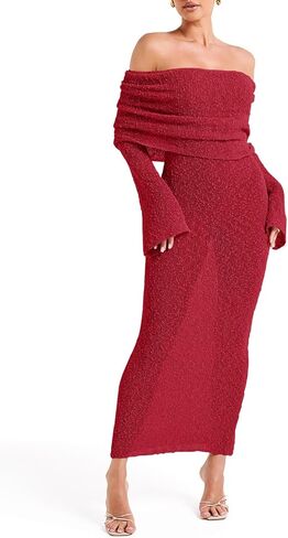 Saodimallsu Womens Off Shoulder Summer Maxi Dress Bell Long Sleeve Sexy Bodycon Strapless Sheer Beach Swimsuit Coverup in Kuwait