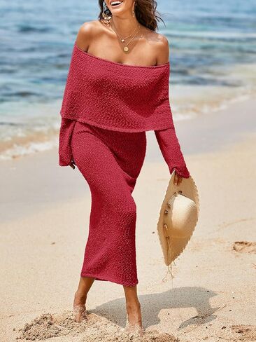Saodimallsu Womens Off Shoulder Summer Maxi Dress Bell Long Sleeve Sexy Bodycon Strapless Sheer Beach Swimsuit Coverup in Kuwait