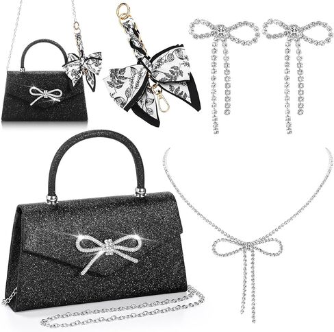 4 Pcs Women Rhinestone Evening Clutch Bag and Silver Jewelry Accessories Set Bling Earring Necklace Purse Chain Wedding Prom in Saudi Arabia